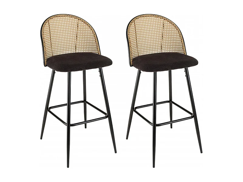 LEA - Lot de 2 tabourets bar assise tissu noir dossier effet cannage