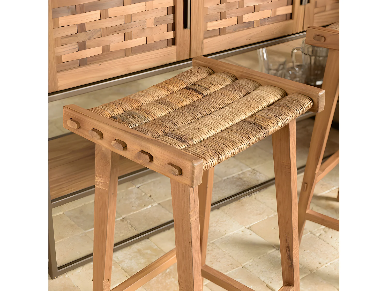 ALIDA - Tabouret haut assise en tissage naturel