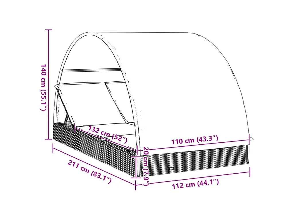 2-Personen-Sonnenliege mit Dach Braun 211x112x140 Poly Rattan