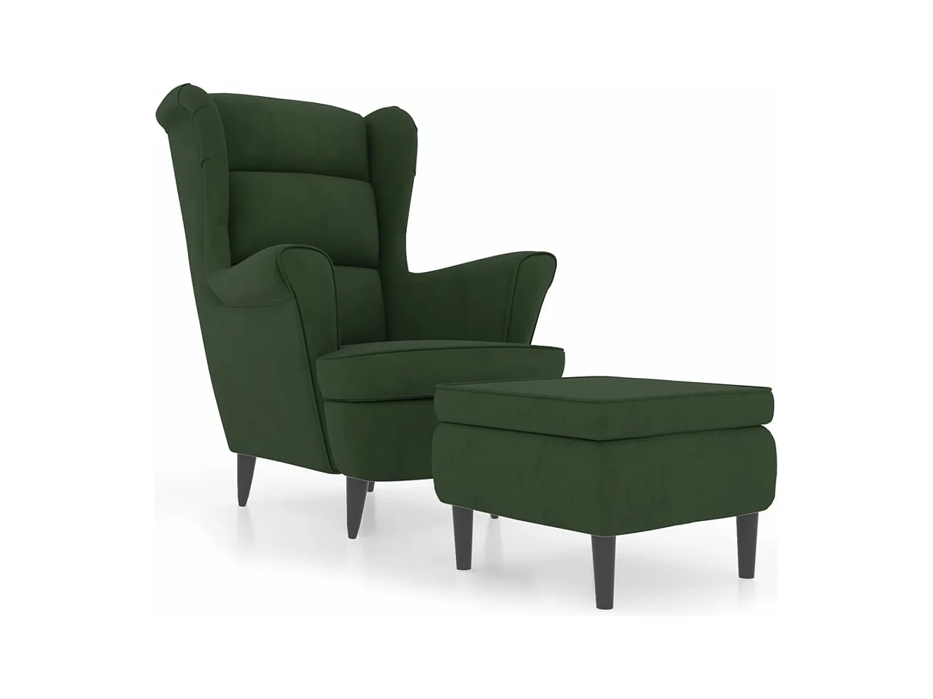 Sillón orejero y taburete de terciopelo verde oscuro