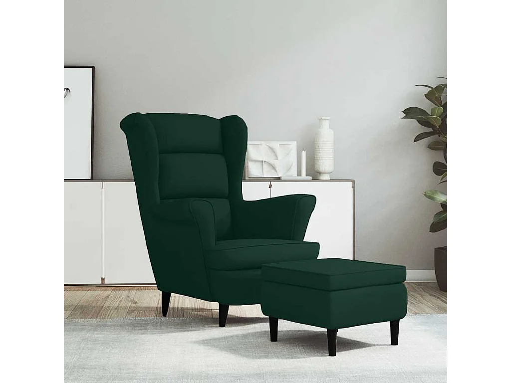 Sillón orejero y taburete de terciopelo verde oscuro