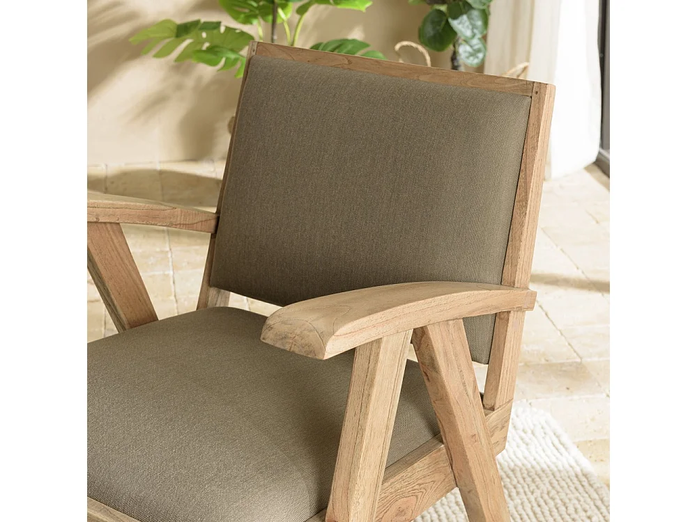 DAK - Fauteuil en bois de Mindi, assise en tissu kaki chiné