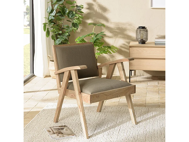 DAK - Fauteuil en bois de Mindi, assise en tissu kaki chiné