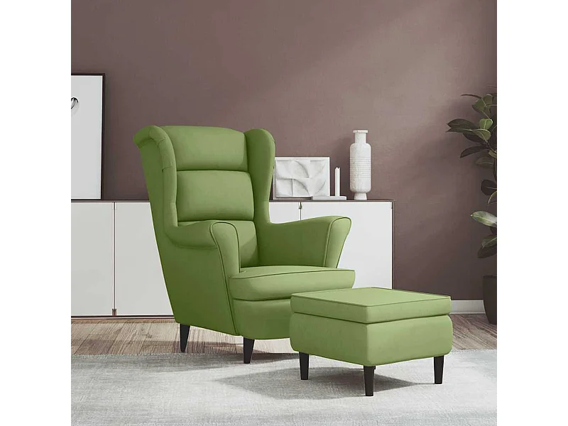 Fauteuil à oreilles avec tabouret vert clair velours