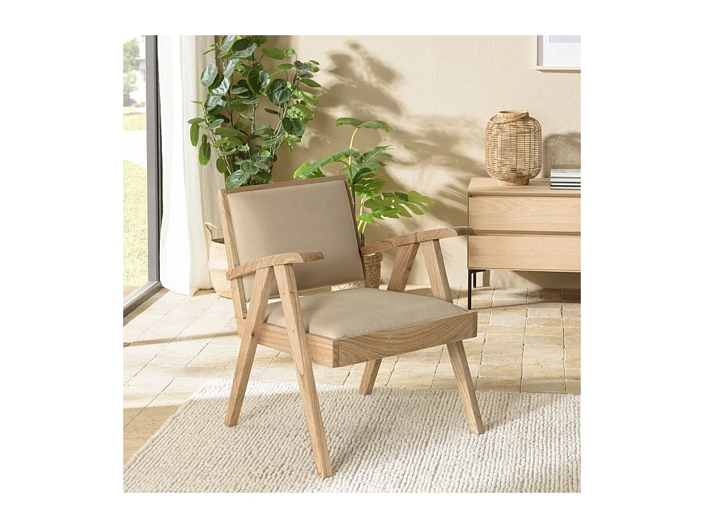 DAK - Fauteuil en Mindi, assise en tissu beige texturé