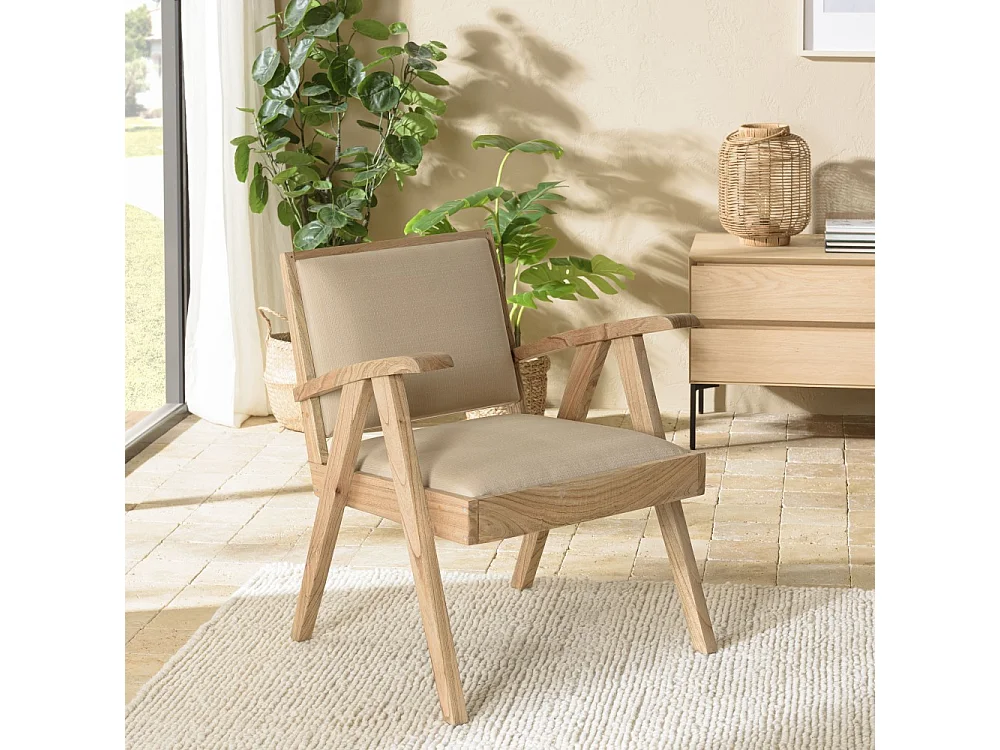 DAK - Fauteuil en bois de Mindi assise en tissu beige texturé