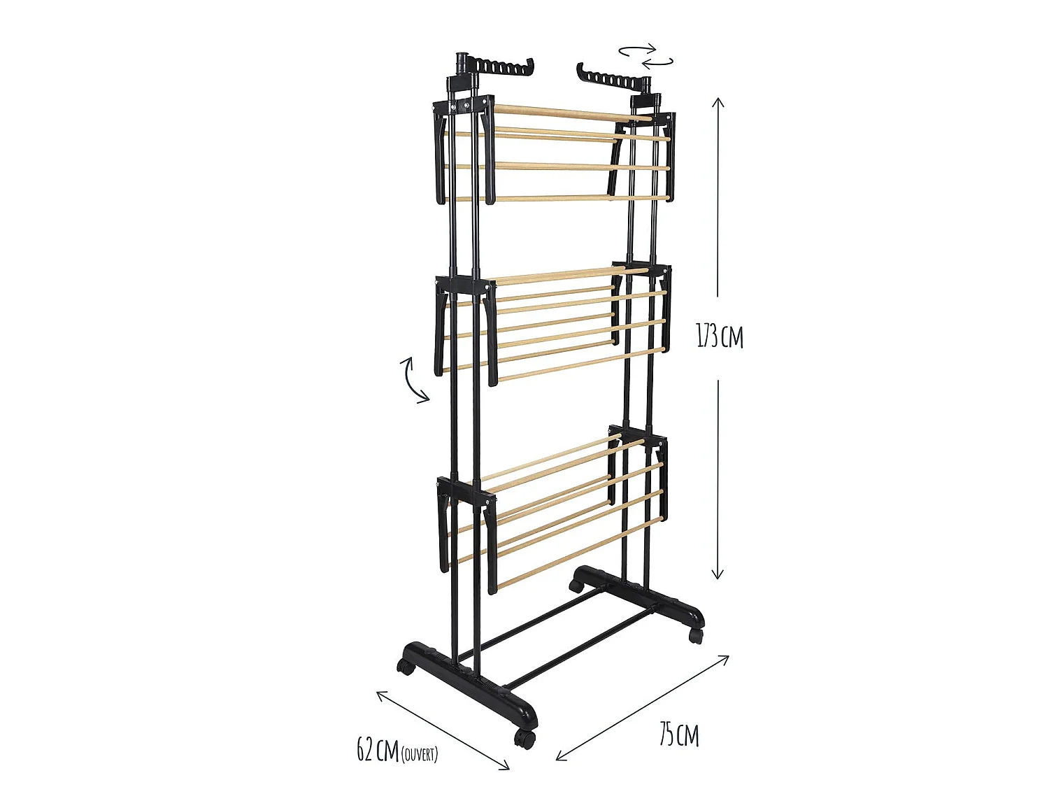 Etendoir Effet Bois 3 Etages 73x64x173cm Noir, Marron