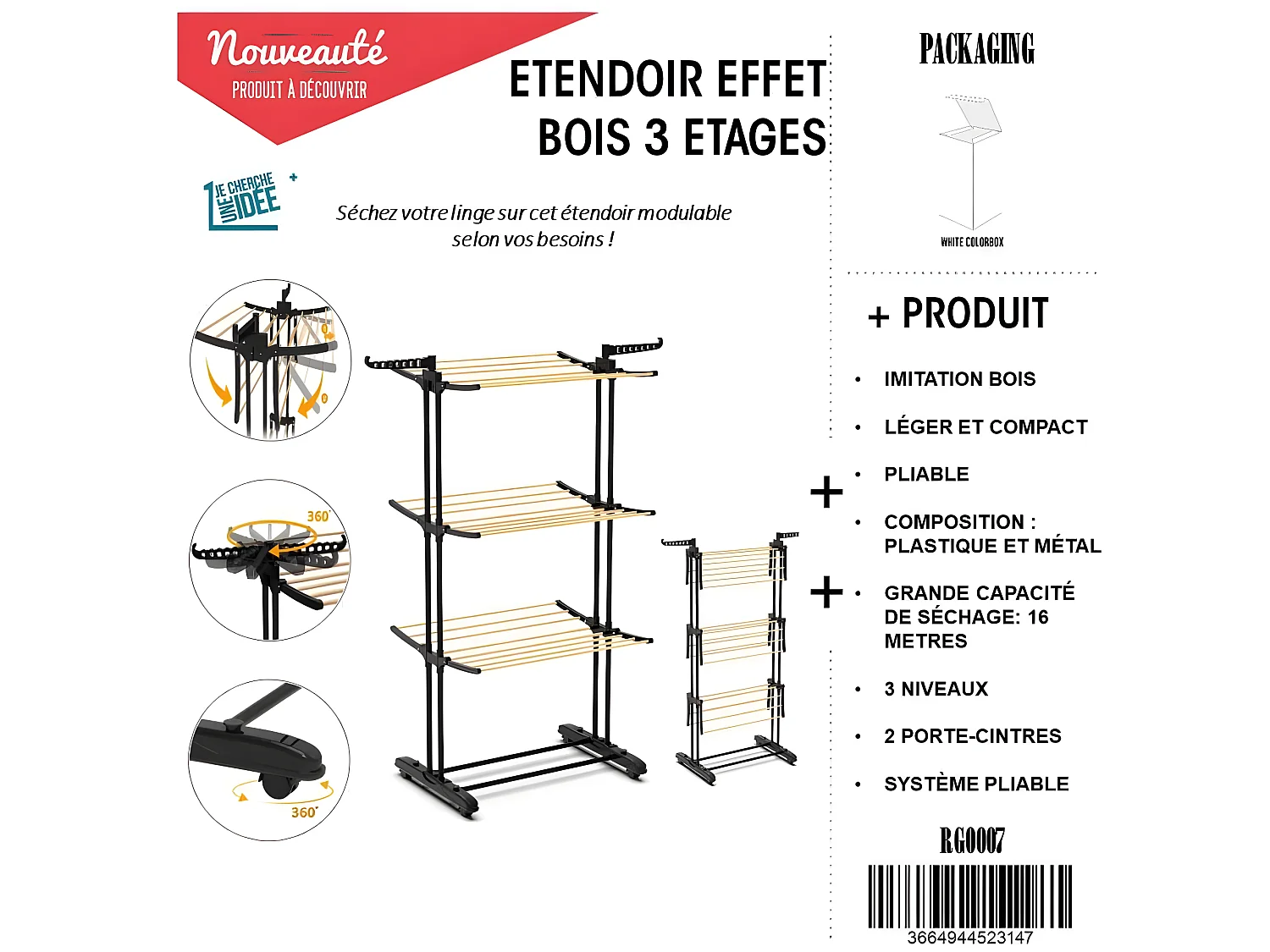 Etendoir Effet Bois 3 Etages 73x64x173cm Noir, Marron