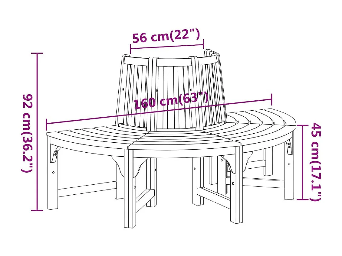 Banc demi-circulaire tour d'arbre Ø160cm bois massif eucalyptus