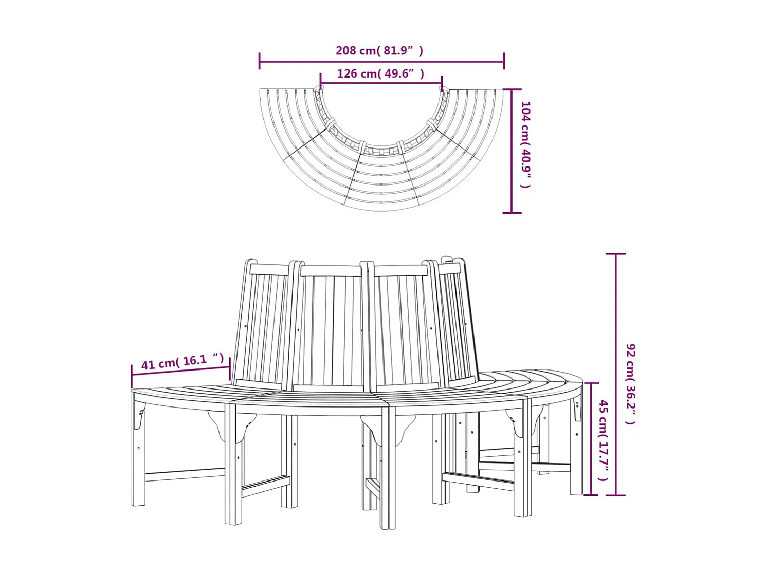 Banc demi-circulaire tour d'arbre Ø208cm bois massif eucalyptus
