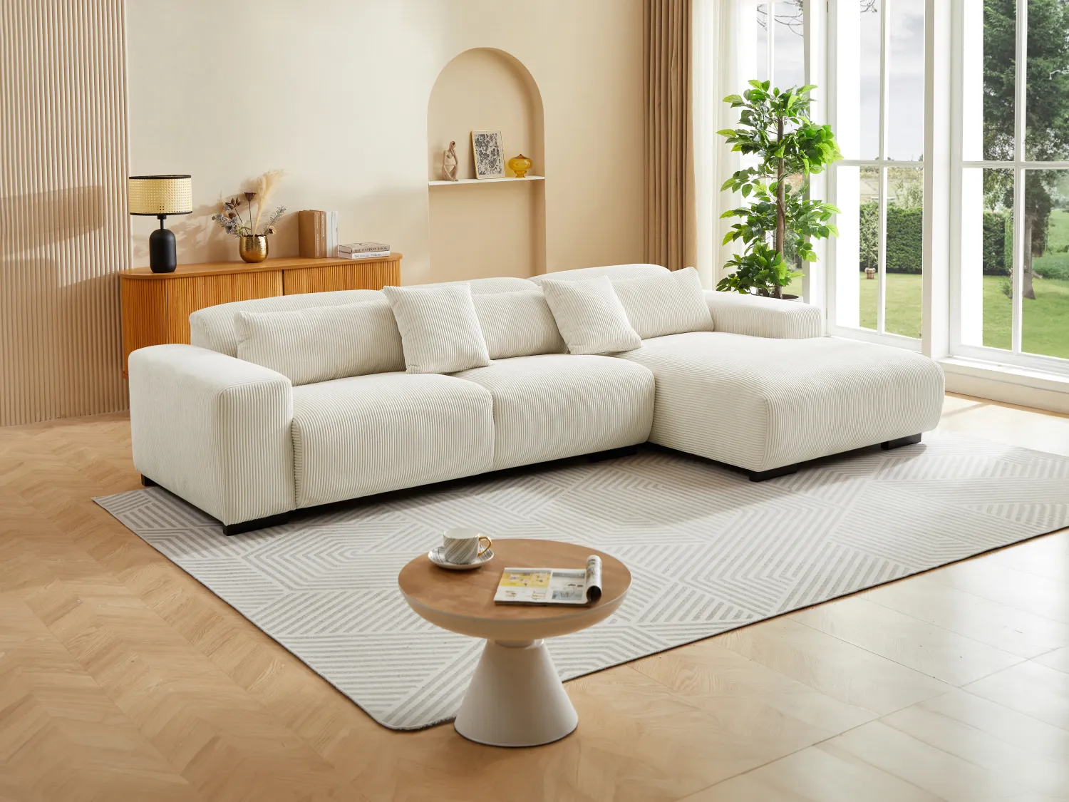 Canapé d'angle droit en velours côtelé beige OVENTINO de Maison Céphy