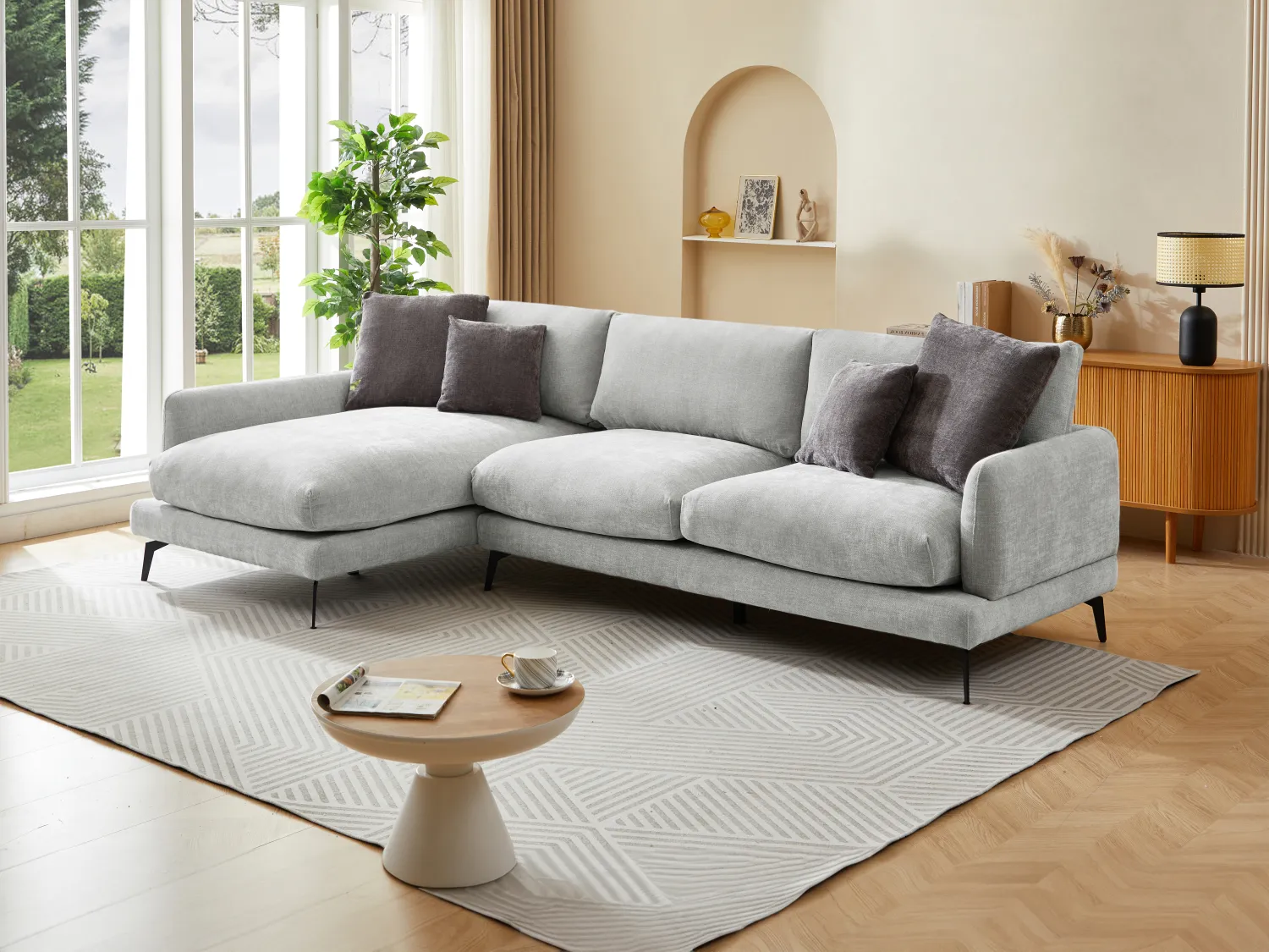 Canapé d'angle gauche en tissu texturé gris clair ROCALTA