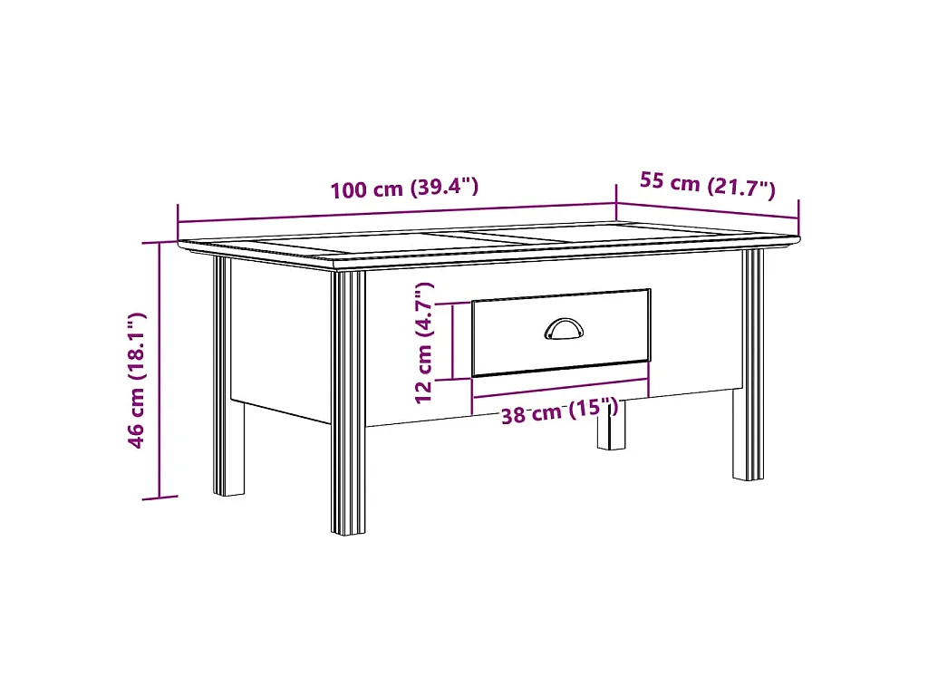 Tavolino da Salotto BODO 100x55x46cm Legno Massello Pino Grigio