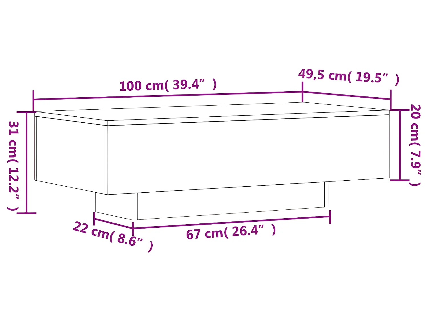 Hoogglans salontafel 100x49,5x31 cm moderne engineering hout met groot oppervlak - Montage vereist