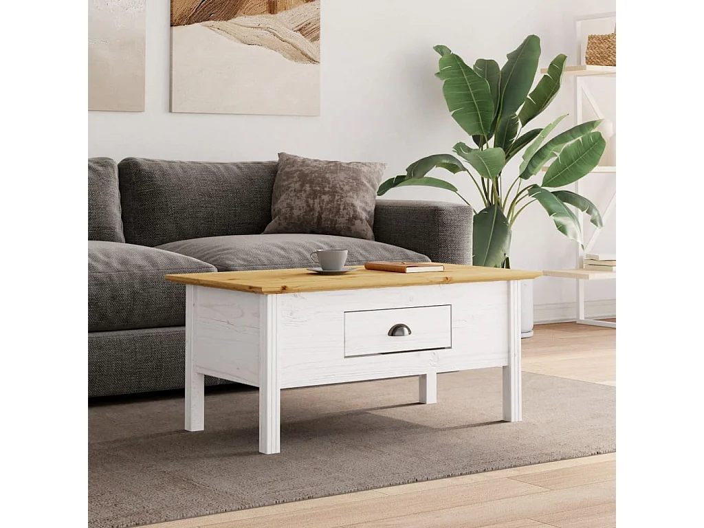 Table basse BODO blanc et marron 100x55x46cm bois de pin massif