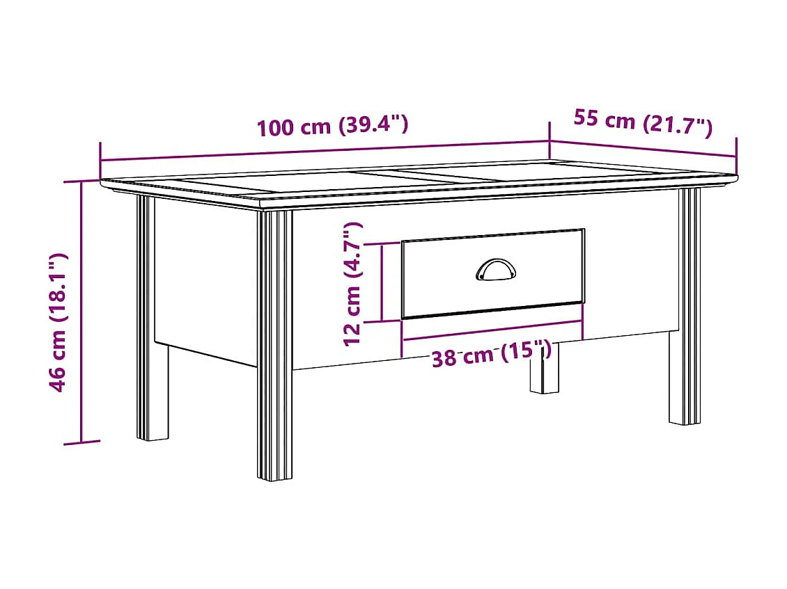 Table basse BODO blanc et marron 100x55x46cm bois de pin massif