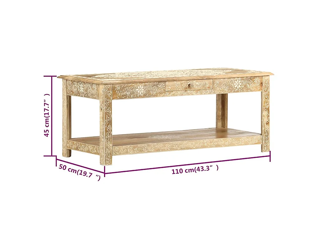 Table basse peinte à main 110x50x45 cm Bois de manguier massif