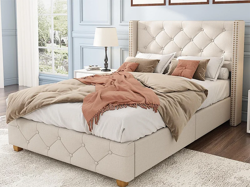 Bed met gestoffeerd hoofdbord - 90 x 200 cm - linnen stof - lattenbodem - beige kleur