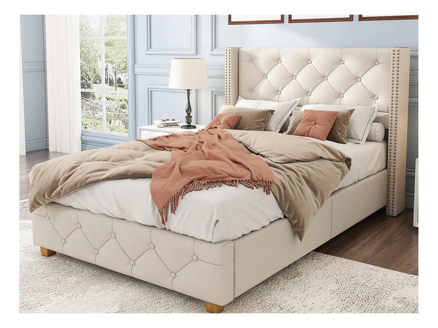 Lit avec tête de lit capitonné -  90 x 200 cm - tissu en lin - sommier à lattes - coloris beige