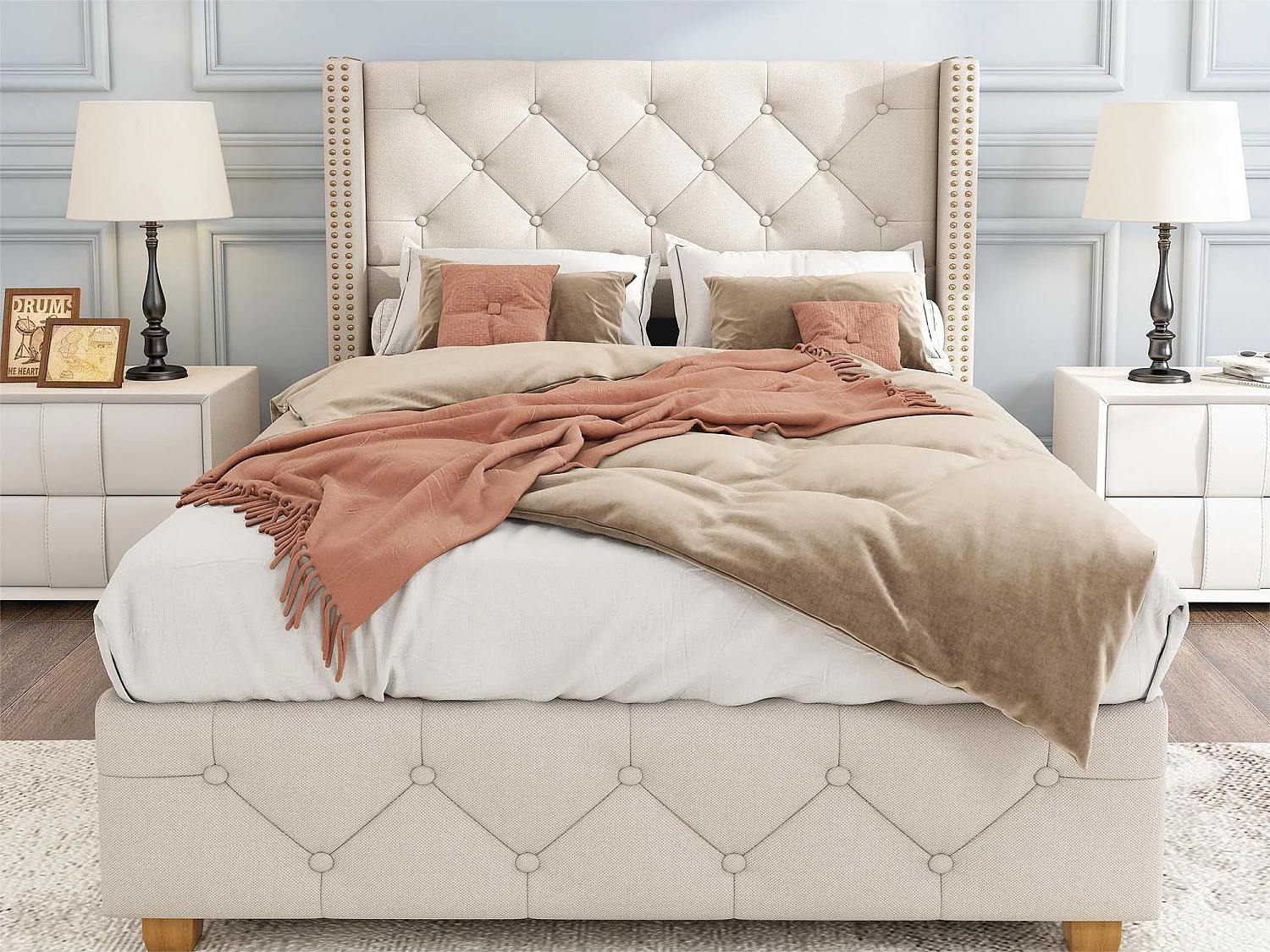 Lit avec tête de lit capitonné -  90 x 200 cm - tissu en lin - sommier à lattes - coloris beige