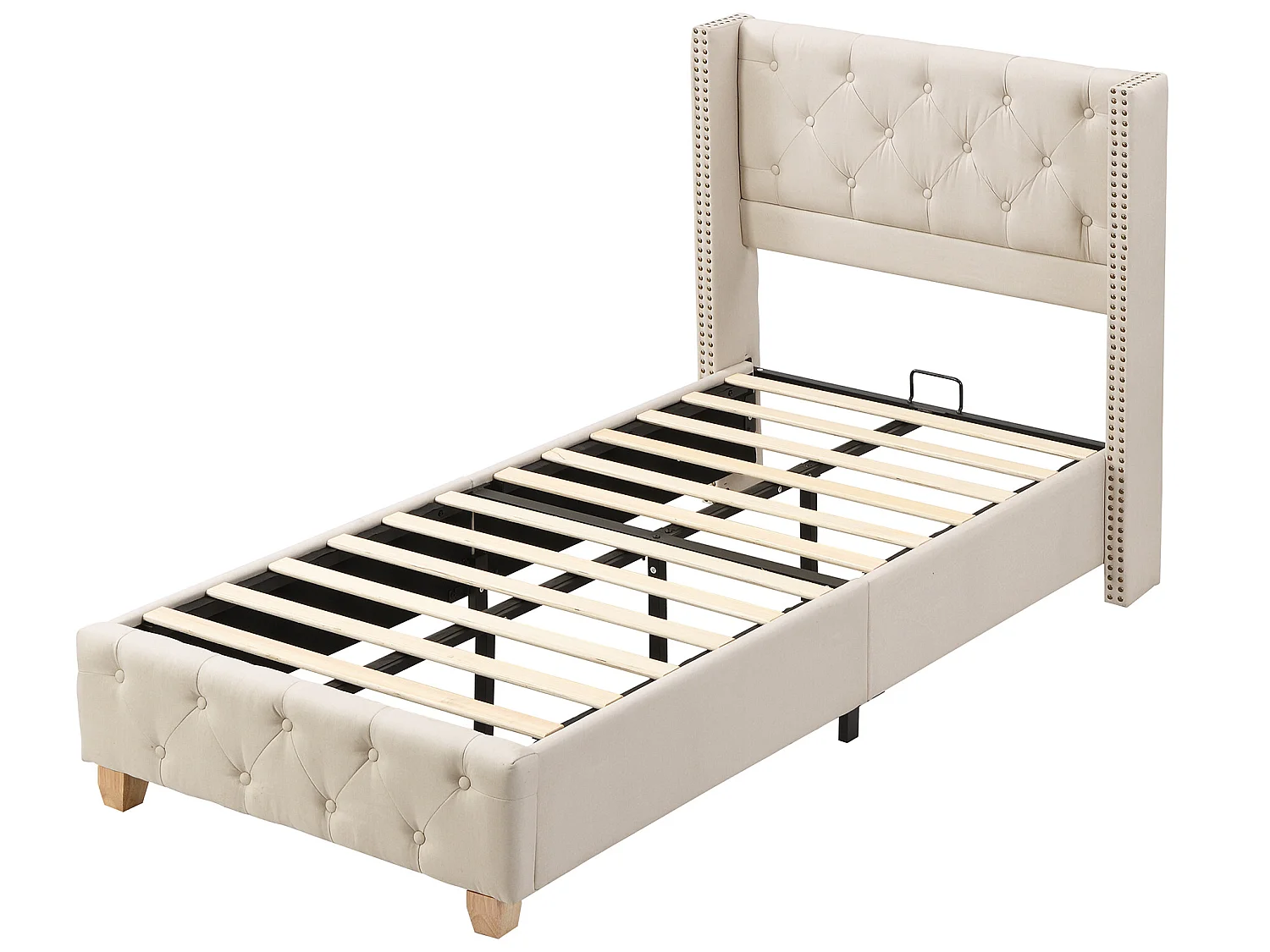 Lit avec tête de lit capitonné -  90 x 200 cm - tissu en lin - sommier à lattes - coloris beige