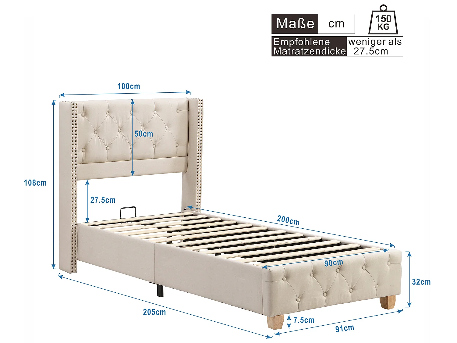 Lit avec tête de lit capitonné -  90 x 200 cm - tissu en lin - sommier à lattes - coloris beige