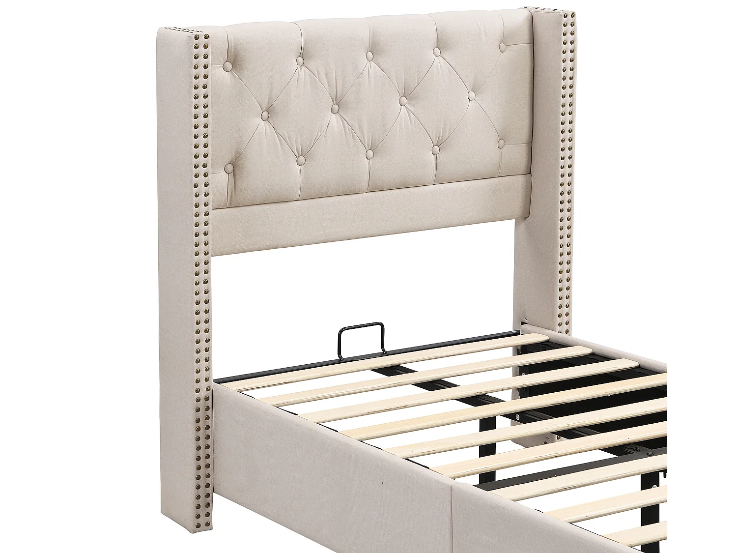 Lit avec tête de lit capitonné -  90 x 200 cm - tissu en lin - sommier à lattes - coloris beige