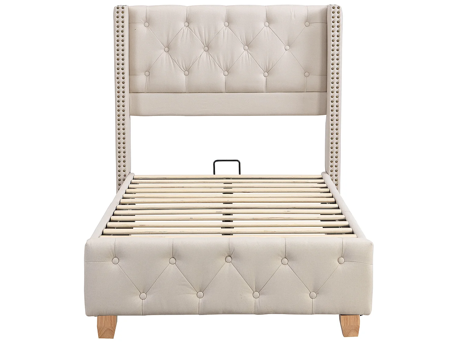 Lit avec tête de lit capitonné -  90 x 200 cm - tissu en lin - sommier à lattes - coloris beige