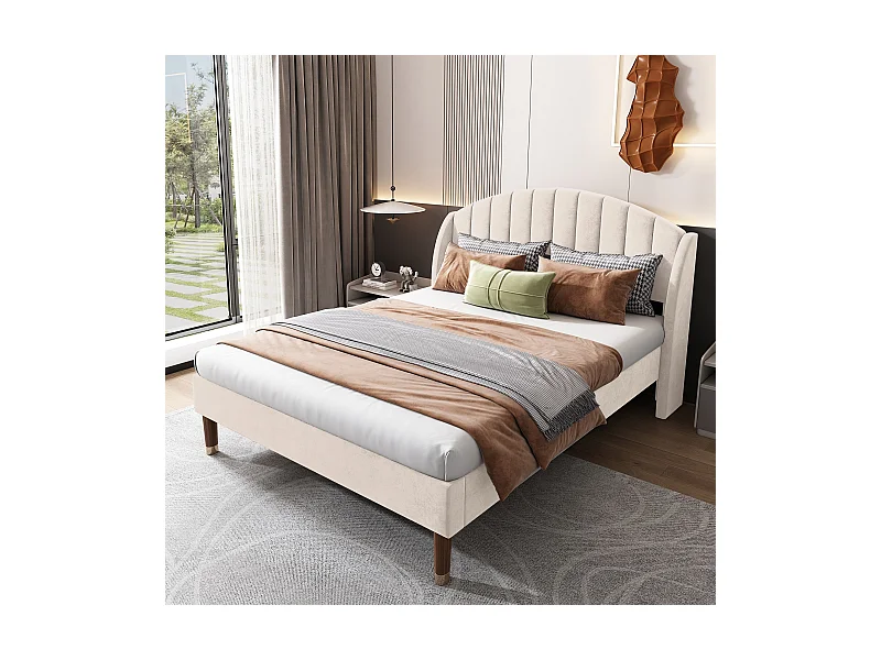 Łóżko z regulowanym zagłówkiem - 140 x 190 cm - aksamit - stelaż listwowy - kolor beżowy