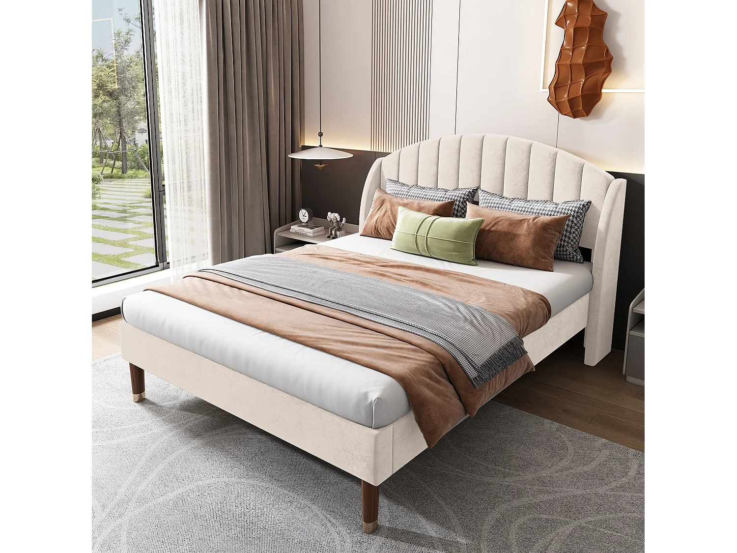 Lit avec tête de lit réglable - 140 x 190 cm - velours - sommier à lattes - coloris beige