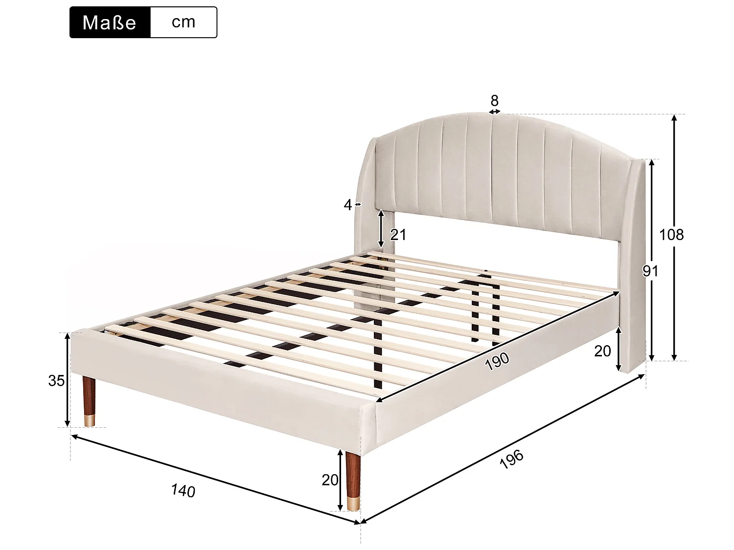 Lit avec tête de lit réglable - 140 x 190 cm - velours - sommier à lattes - coloris beige
