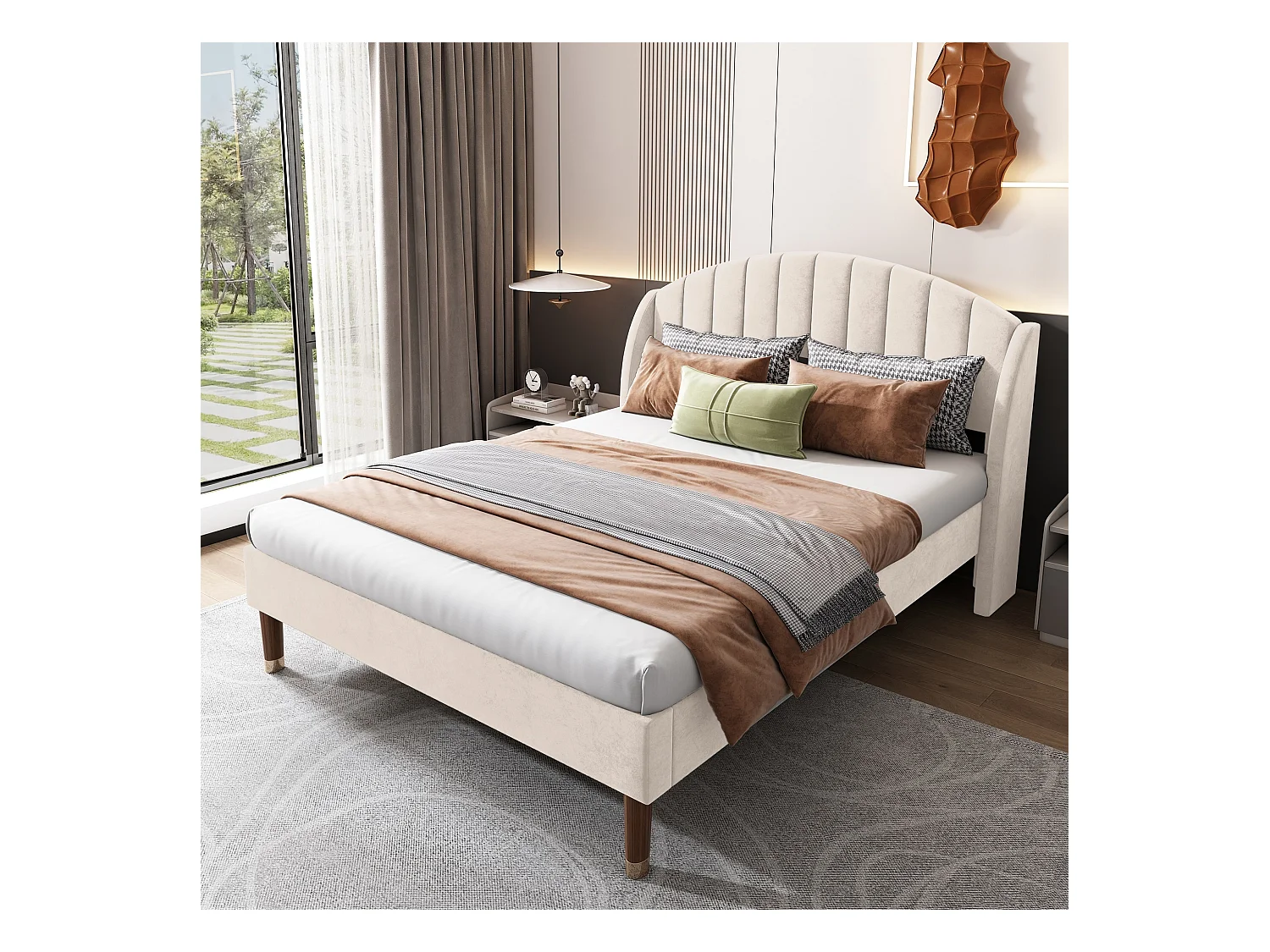 Lit avec tête de lit réglable - 140 x 190 cm - velours - sommier à lattes - coloris beige
