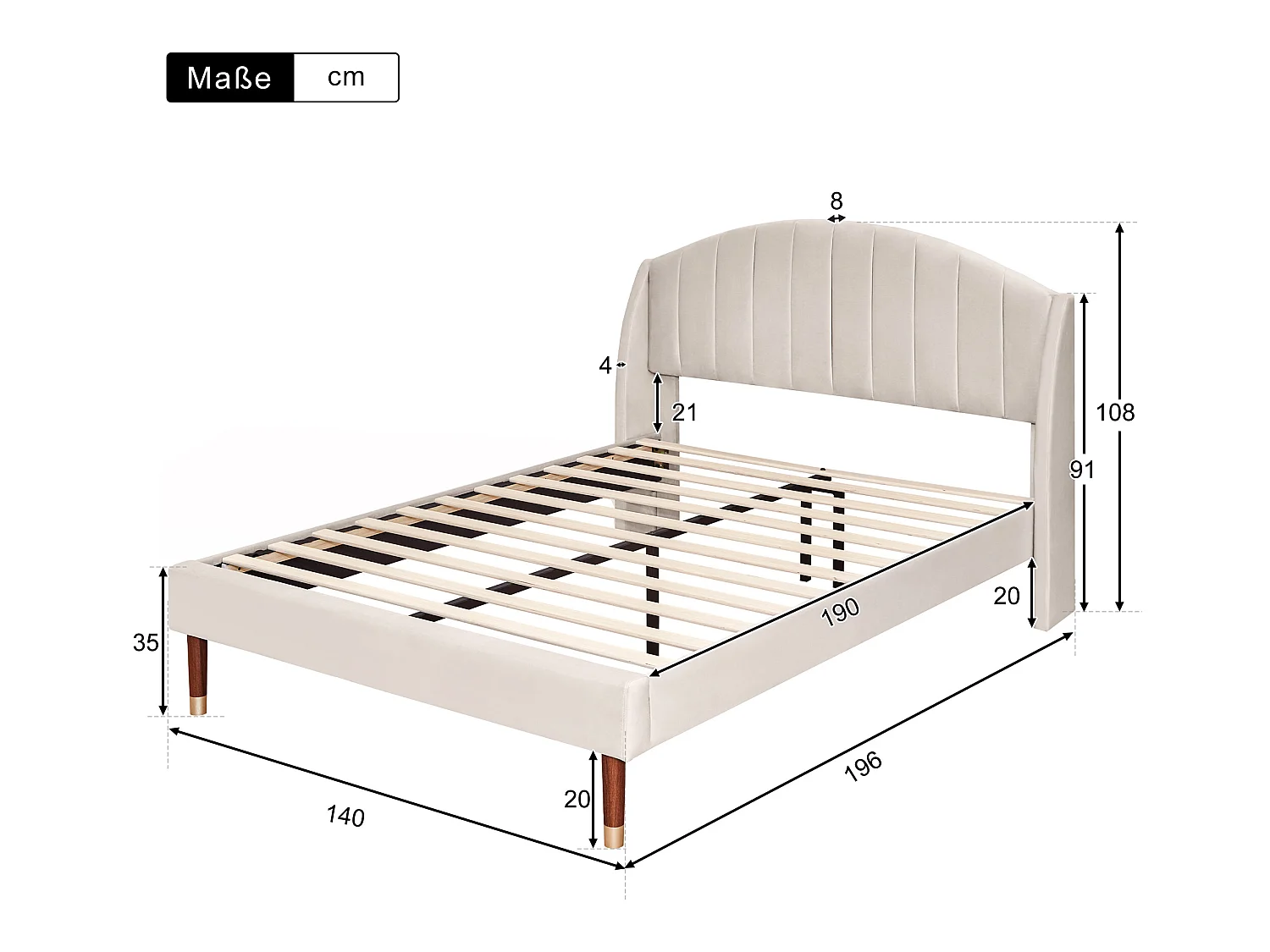 Bed met verstelbaar hoofdeinde - 140 x 190 cm - fluweel - lattenbodem - beige kleur