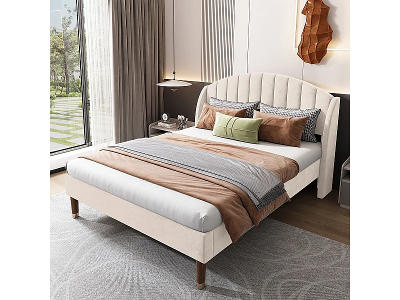 Łóżko z regulowanym zagłówkiem - 140 x 190 cm - aksamit - stelaż listwowy - kolor beżowy