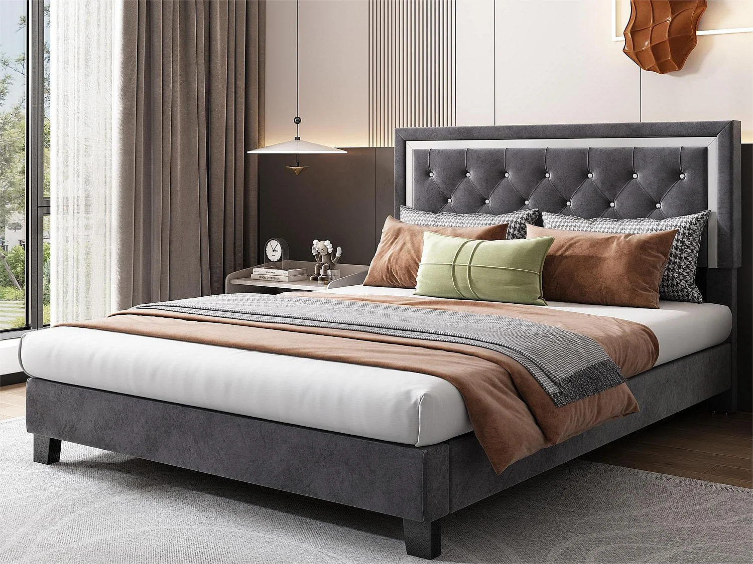 Bed met verstelbaar hoofdeinde - 140 x 200 cm - fluweel - grijze kleur + lattenbodem