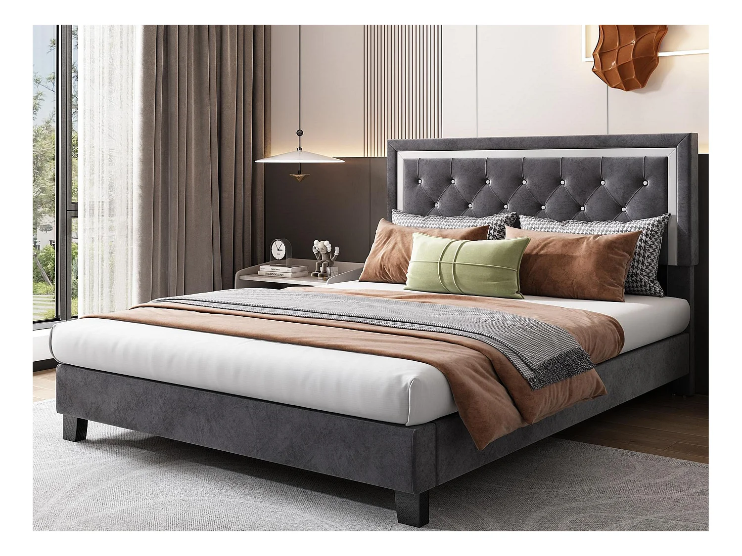 Bed met verstelbaar hoofdeinde - 140 x 200 cm - fluweel - grijze kleur + lattenbodem