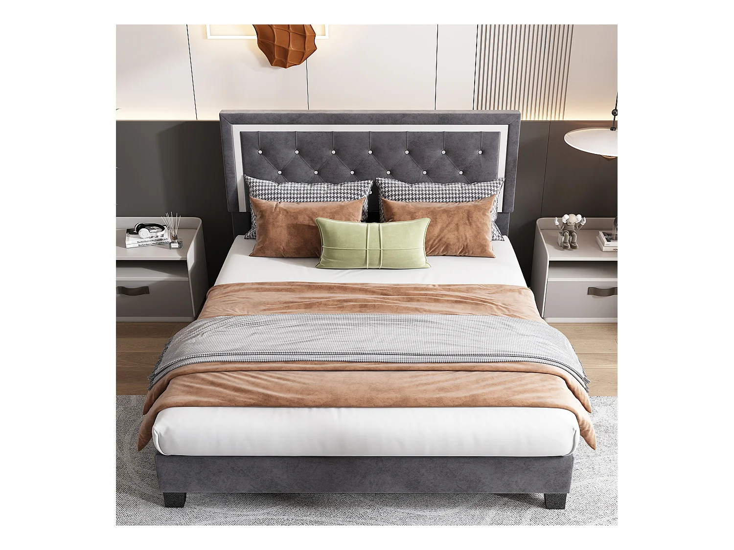 Bed met verstelbaar hoofdeinde - 140 x 200 cm - fluweel - grijze kleur + lattenbodem