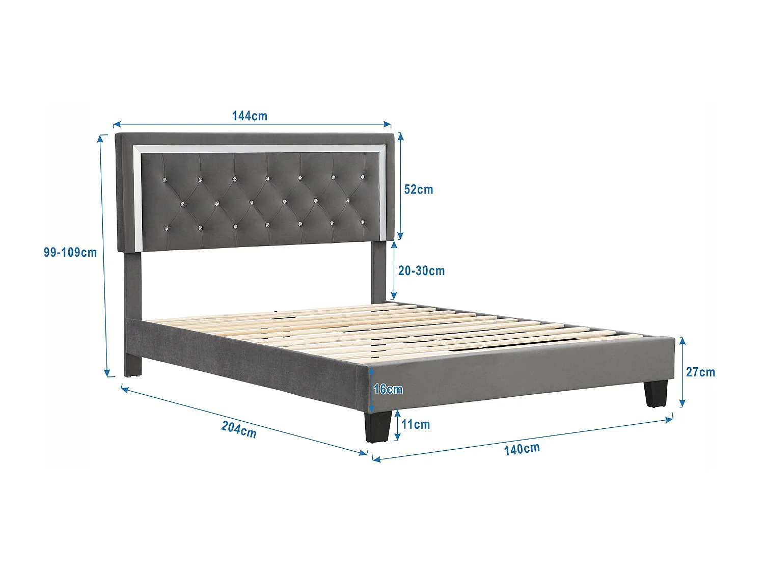 Bed met verstelbaar hoofdeinde - 140 x 200 cm - fluweel - grijze kleur + lattenbodem