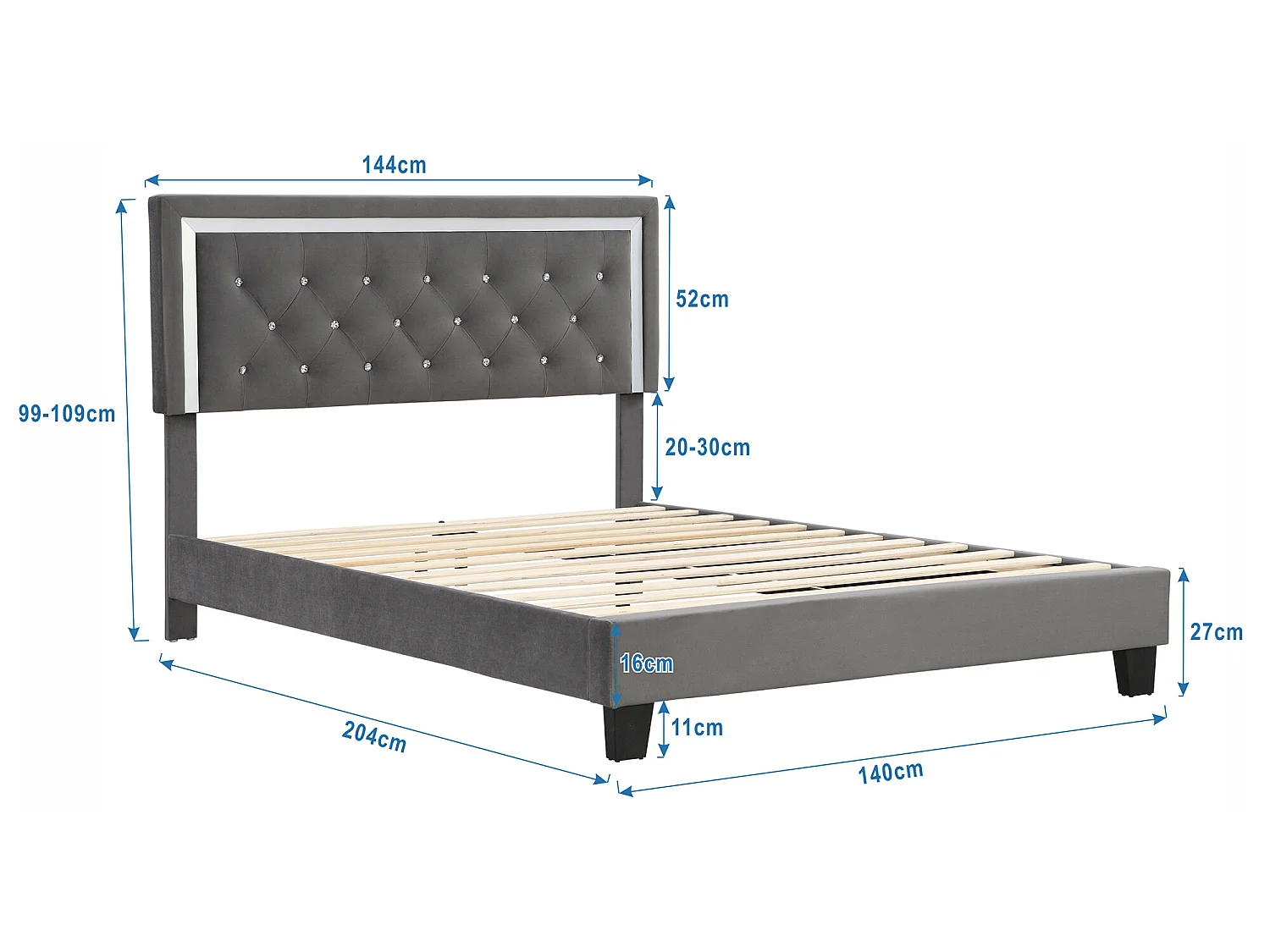 Bed met verstelbaar hoofdeinde - 140 x 200 cm - fluweel - grijze kleur + lattenbodem