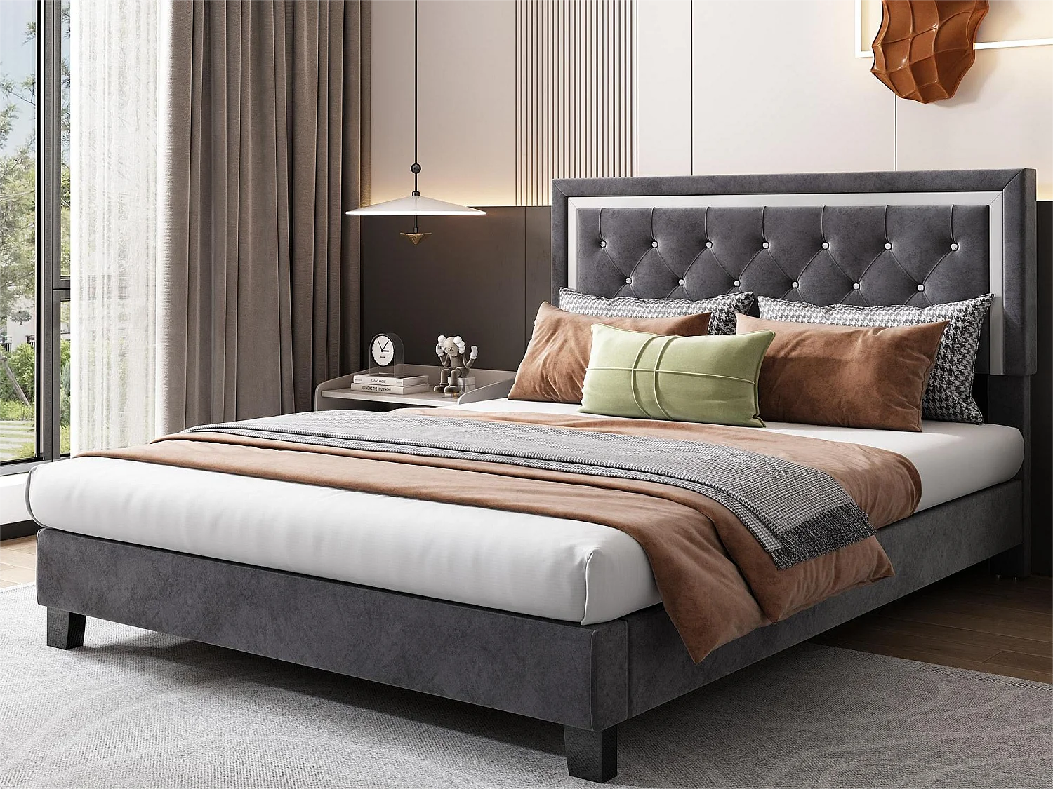 Bed met verstelbaar hoofdeinde - 140 x 200 cm - fluweel - grijze kleur + lattenbodem