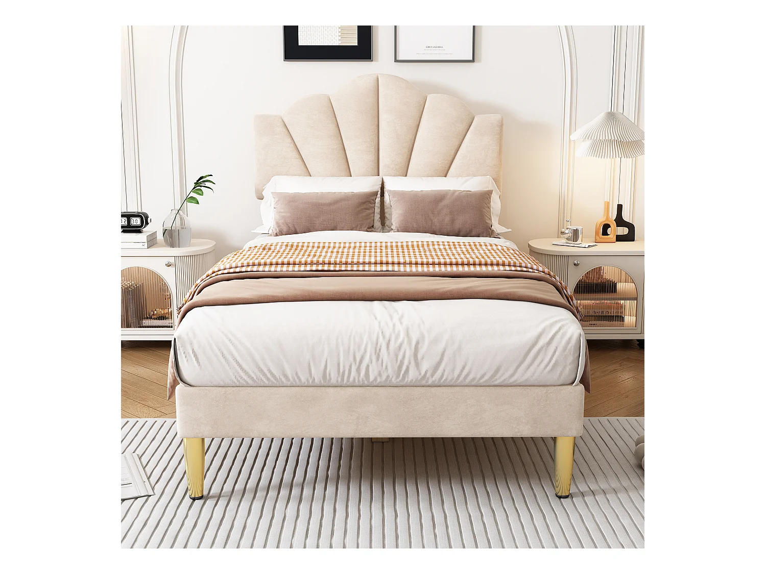 Lit coquillage - 90 x 200 cm - velours - coloris beige + sommier à lattes