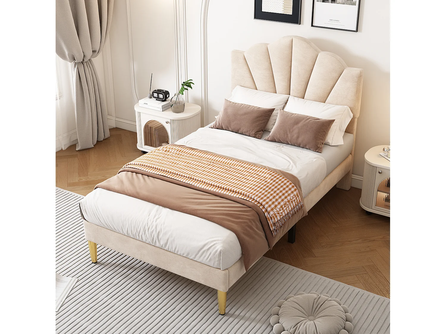 Łóżko typu shell - 90 x 200 cm - aksamit - kolor beżowy + ławka ze schowkiem + stelaż listwowy