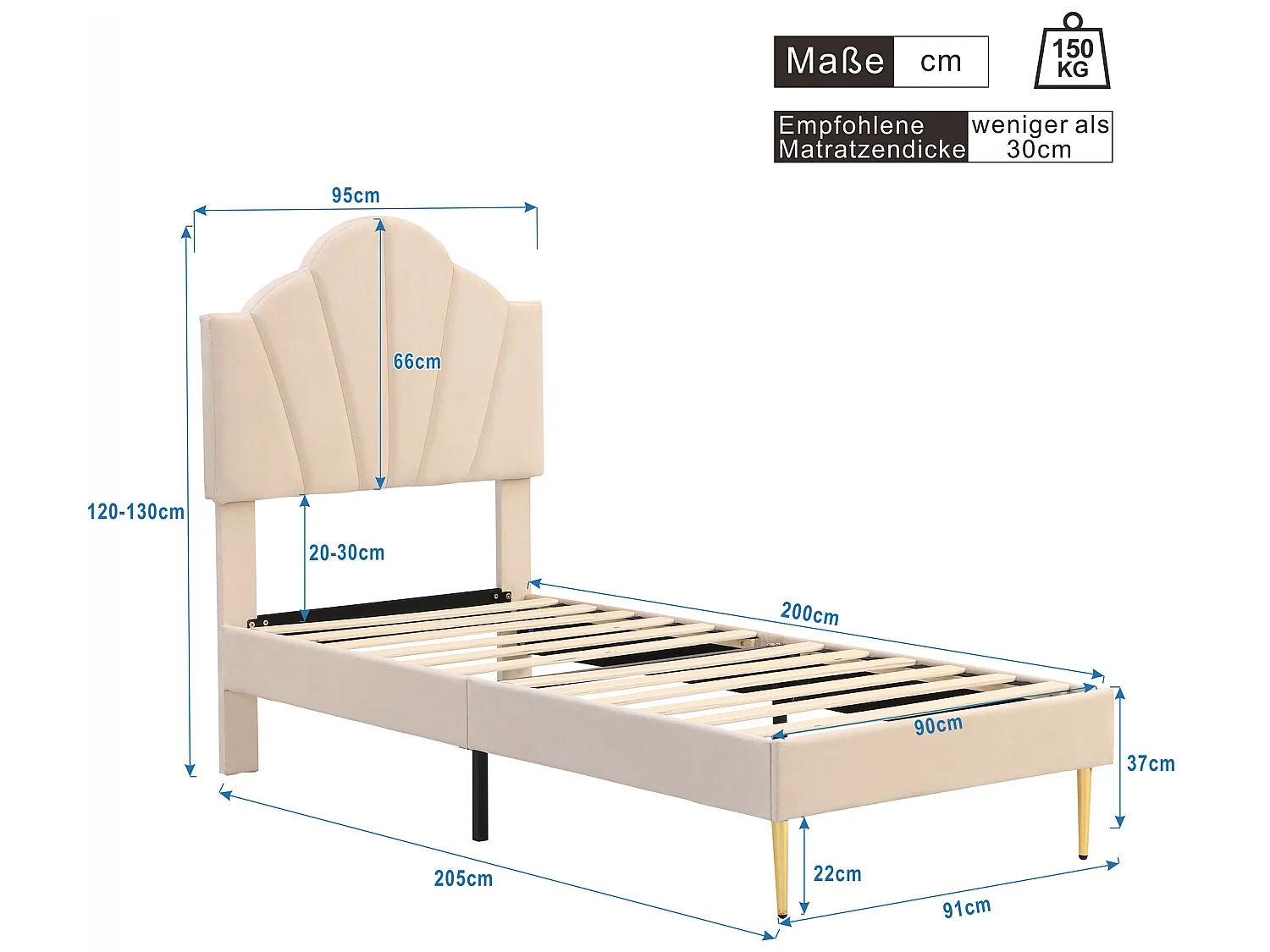 Lit coquillage - 90 x 200 cm - velours - coloris beige + banc coffre + sommier à lattes