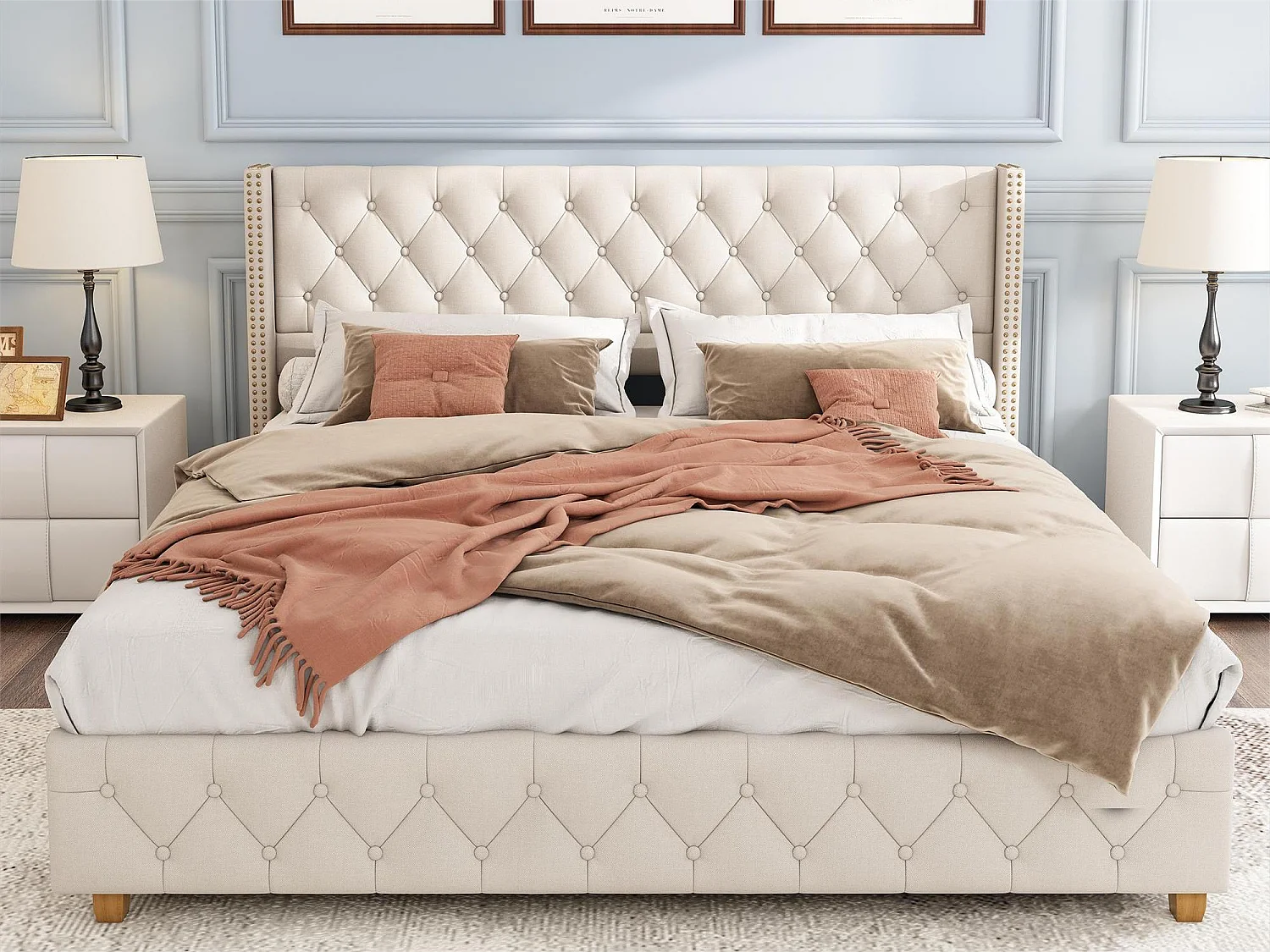 Bed met gestoffeerd hoofdbord - 140 x 190 cm - linnen stof - lattenbodem - beige kleur