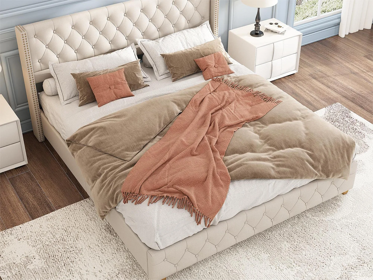 Bed met gestoffeerd hoofdbord - 140 x 190 cm - linnen stof - lattenbodem - beige kleur