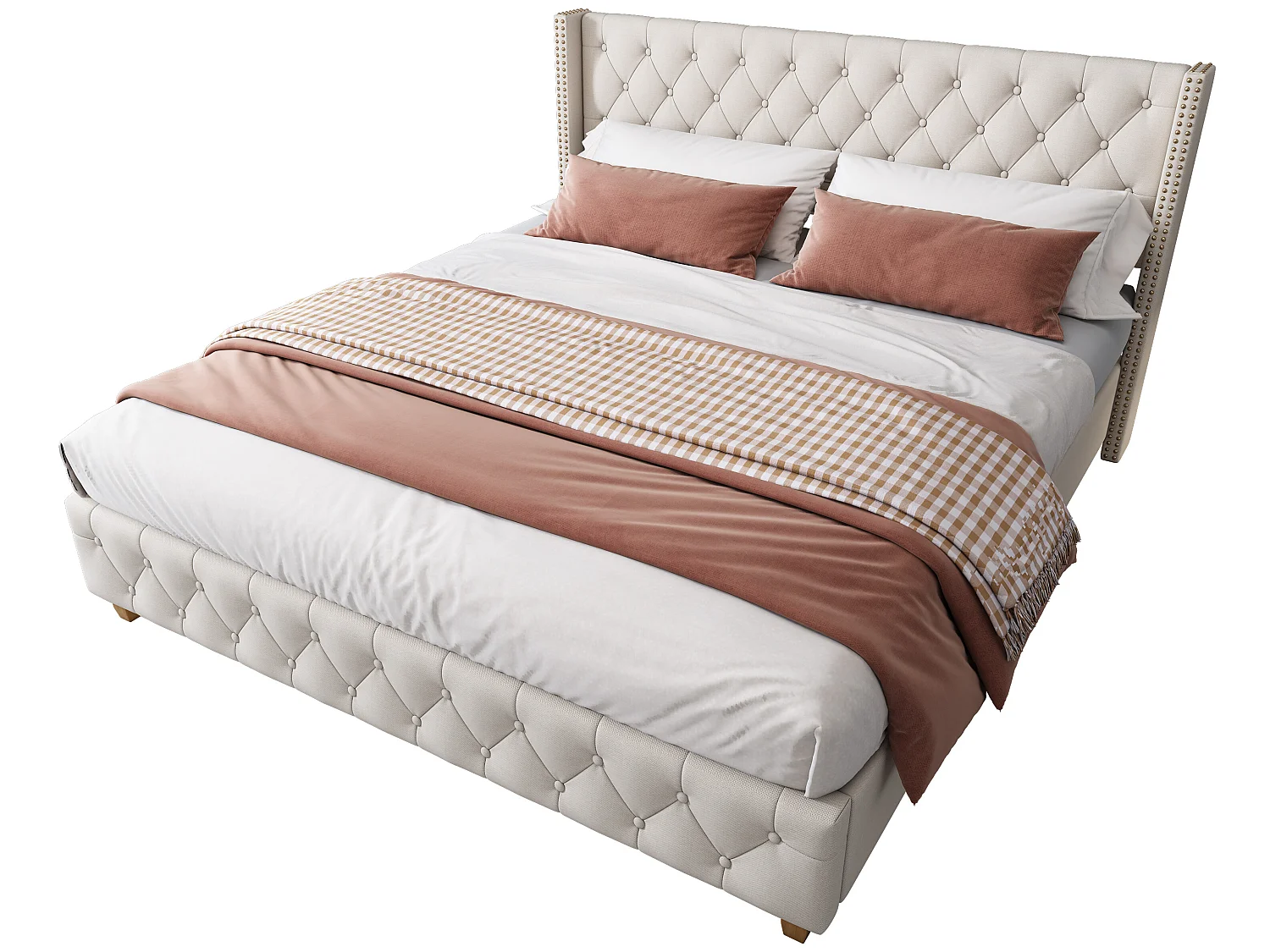 Bed met gestoffeerd hoofdbord - 140 x 190 cm - linnen stof - lattenbodem - beige kleur