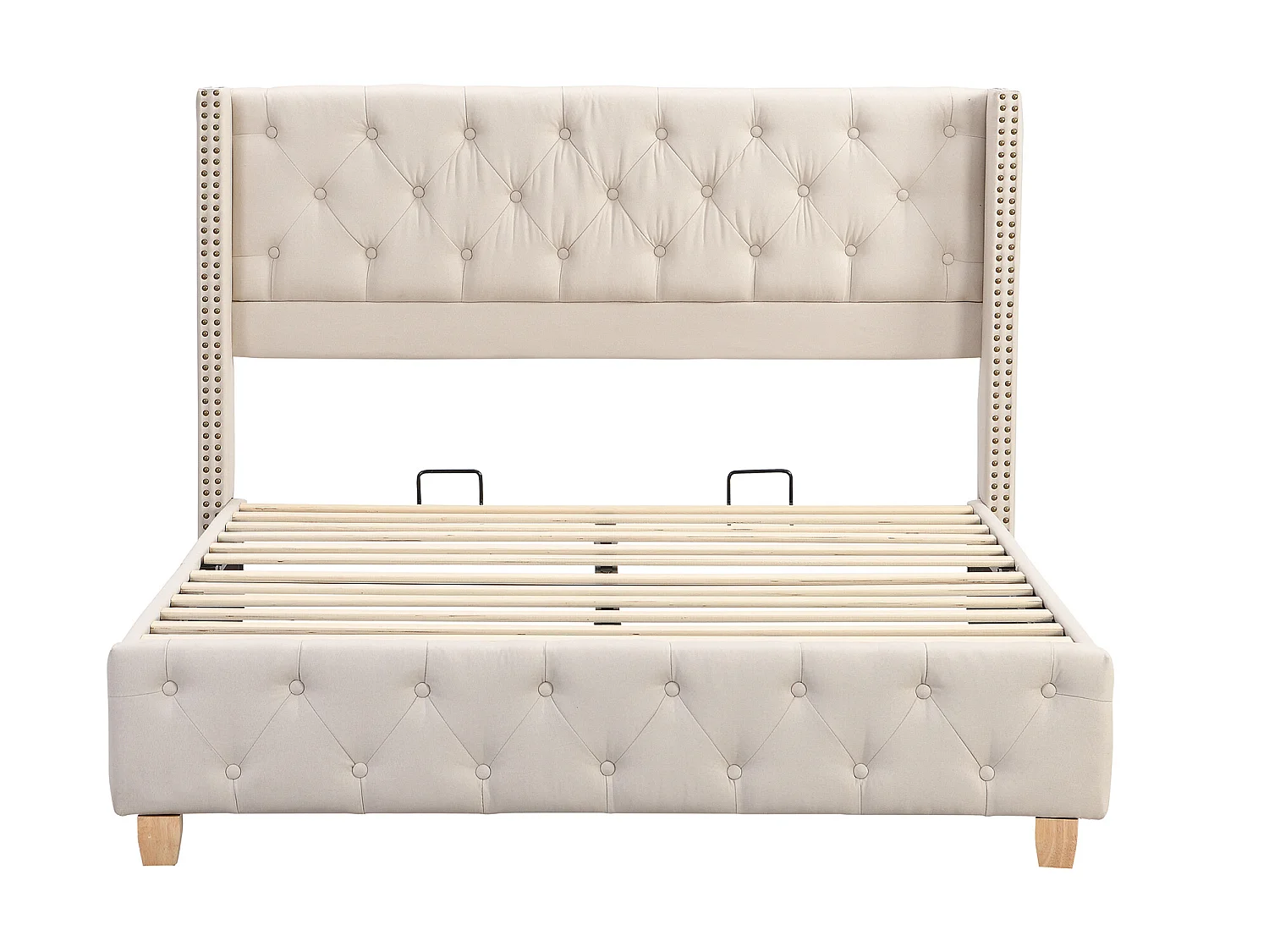 Bed met gestoffeerd hoofdbord - 140 x 190 cm - linnen stof - lattenbodem - beige kleur