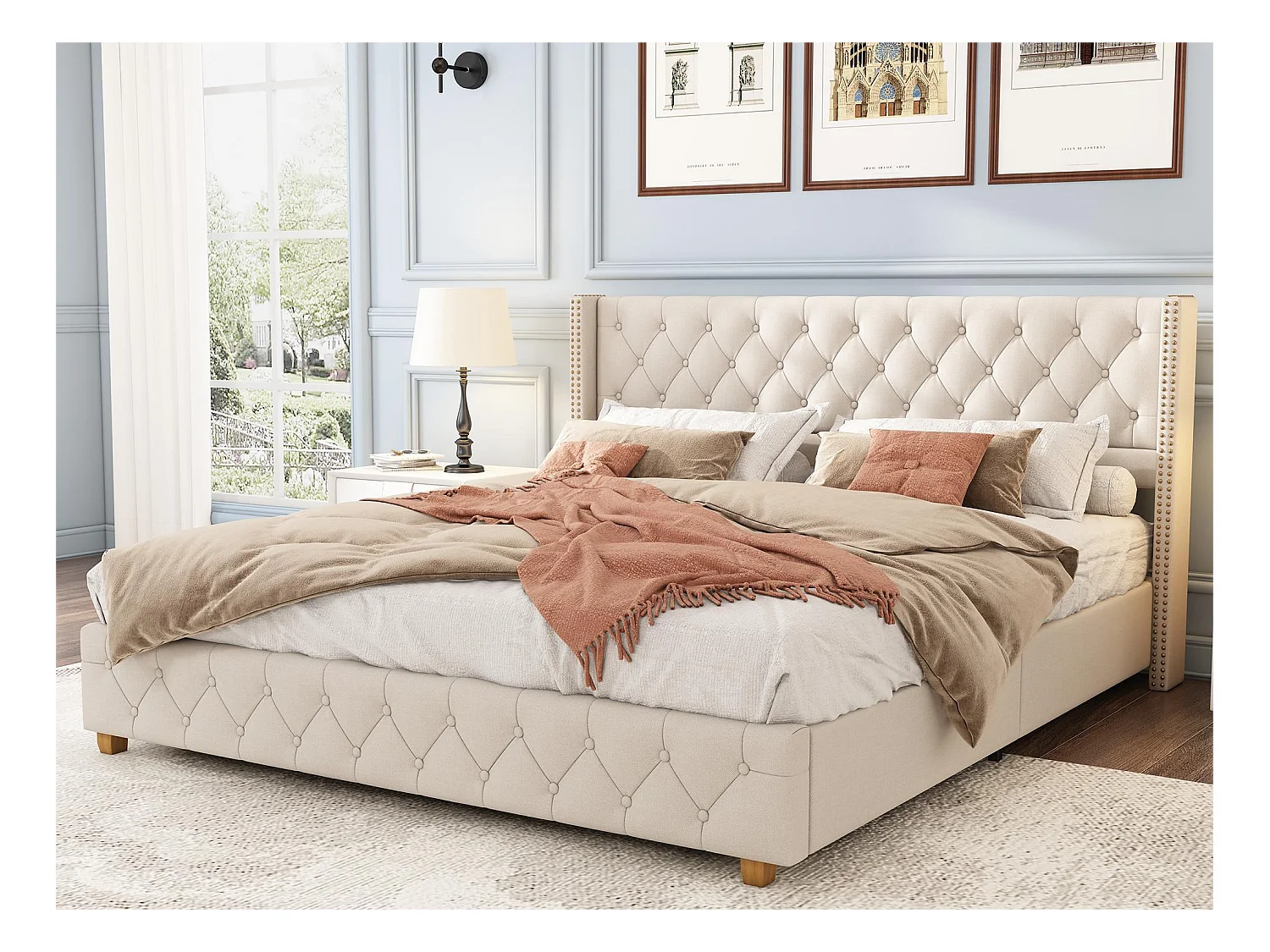 Lit avec tête de lit capitonné -  140 x 190 cm - tissu en lin - sommier à lattes - coloris beige