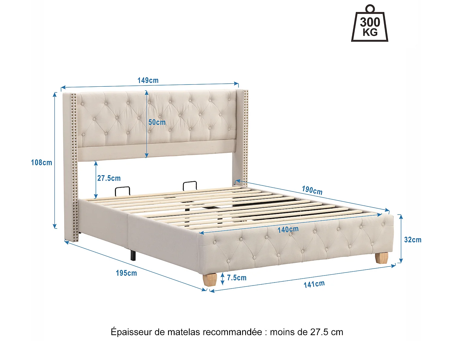 Łóżko z tapicerowanym wezgłowiem - 140 x 190 cm - tkanina lniana - stelaż z listew - kolor beżowy
