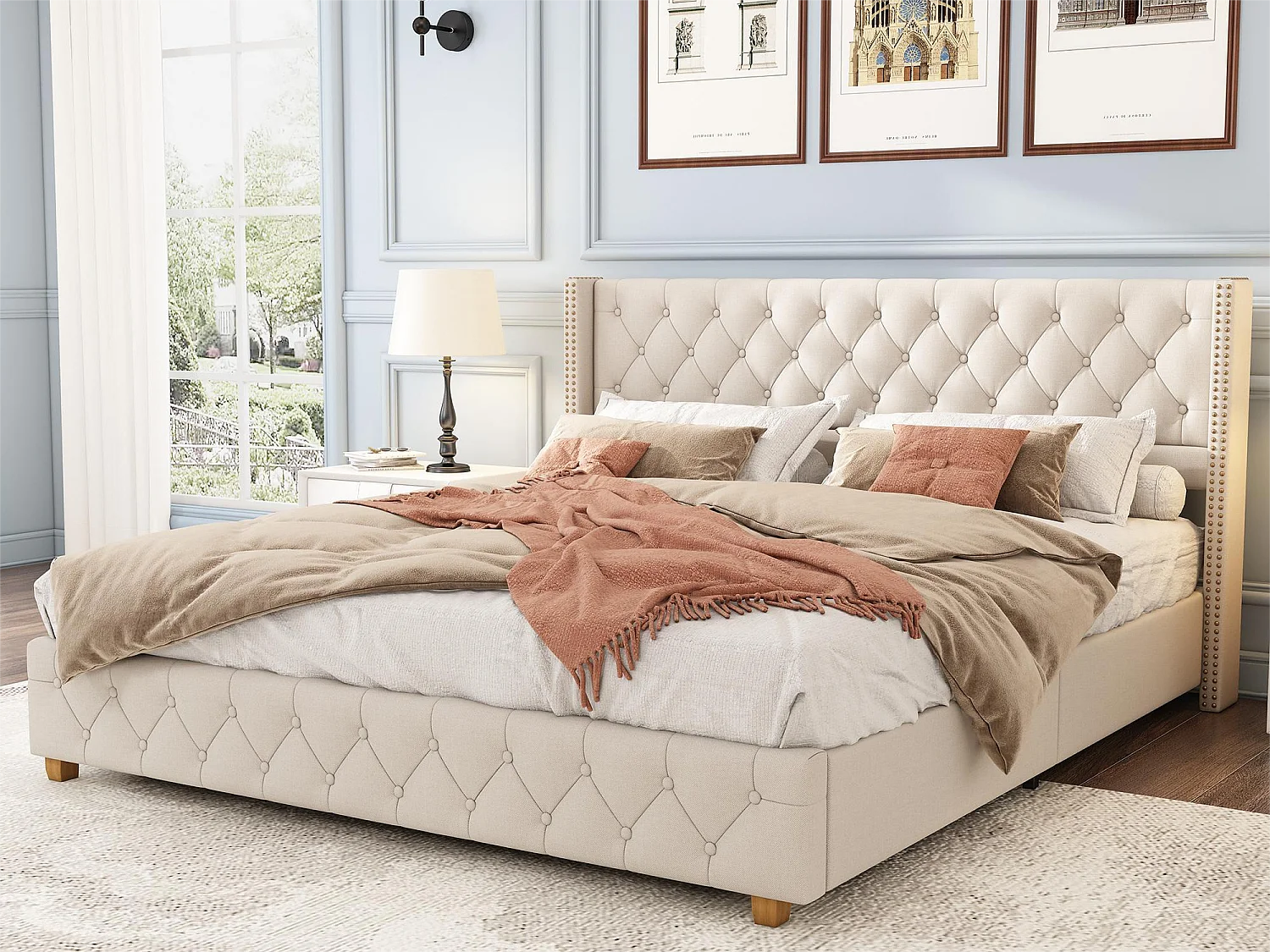 Bed met gestoffeerd hoofdbord - 140 x 190 cm - linnen stof - lattenbodem - beige kleur